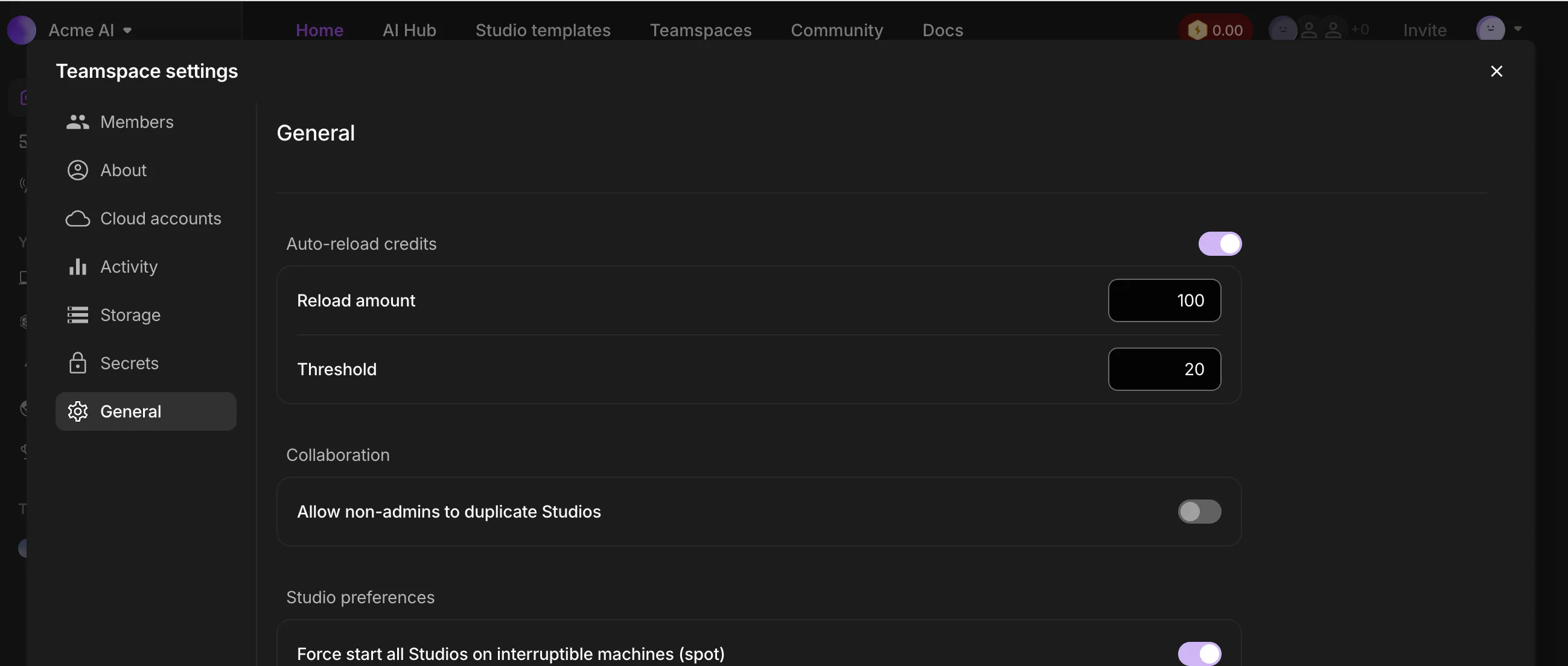 Teamspace settings for credits auto-reload.