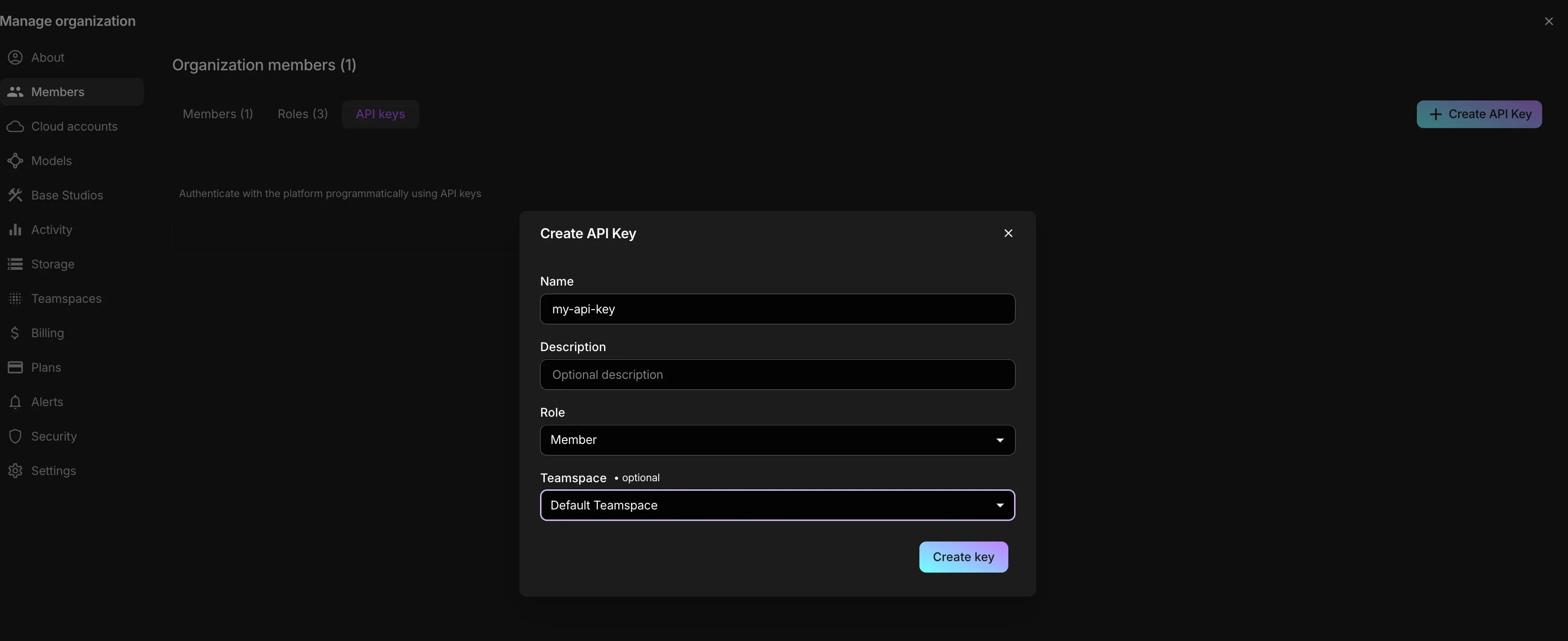 Create API Key dialog with name, description, role, and teamspace fields
