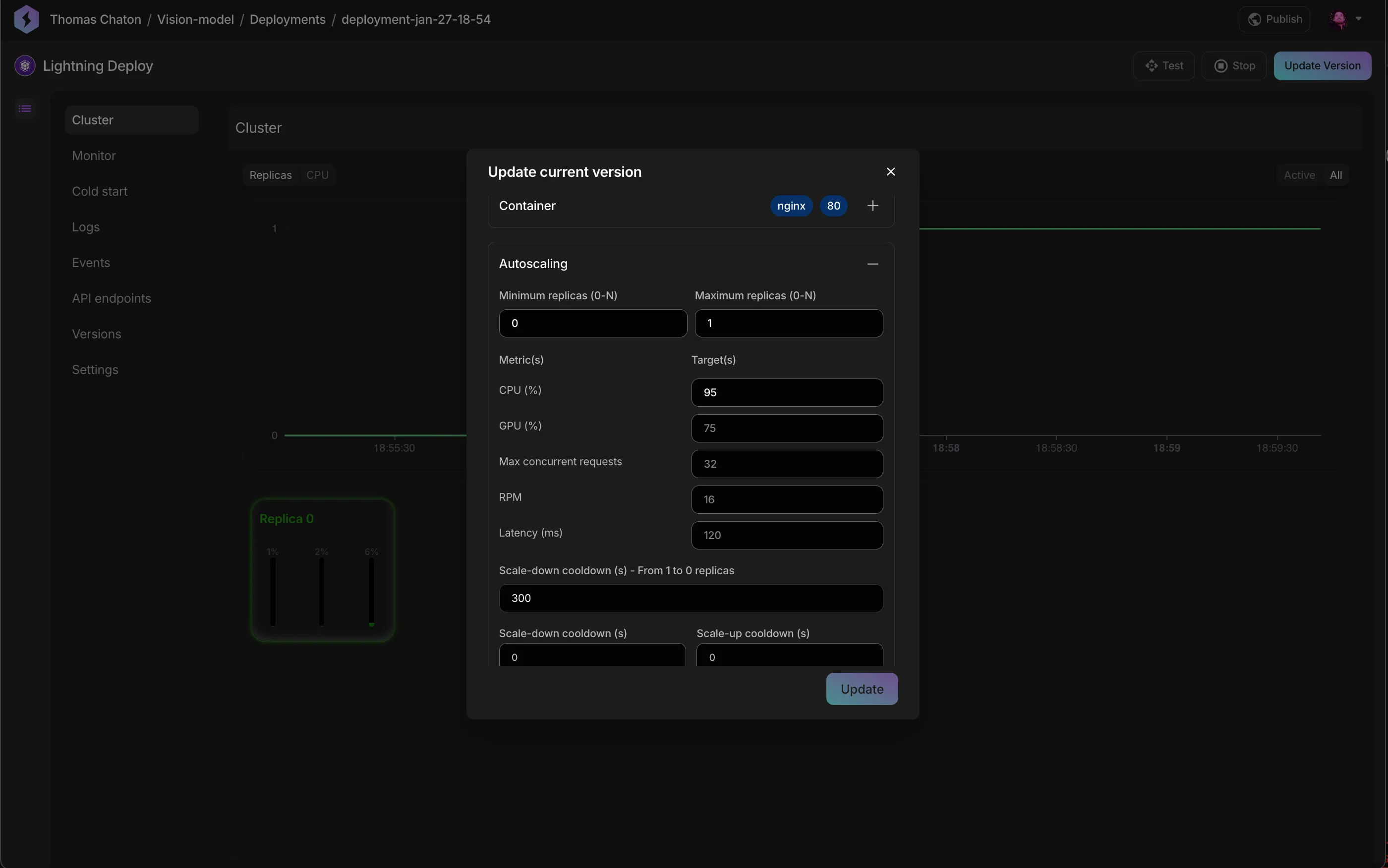 Autoscaling section where the autoscaling metric can be modified