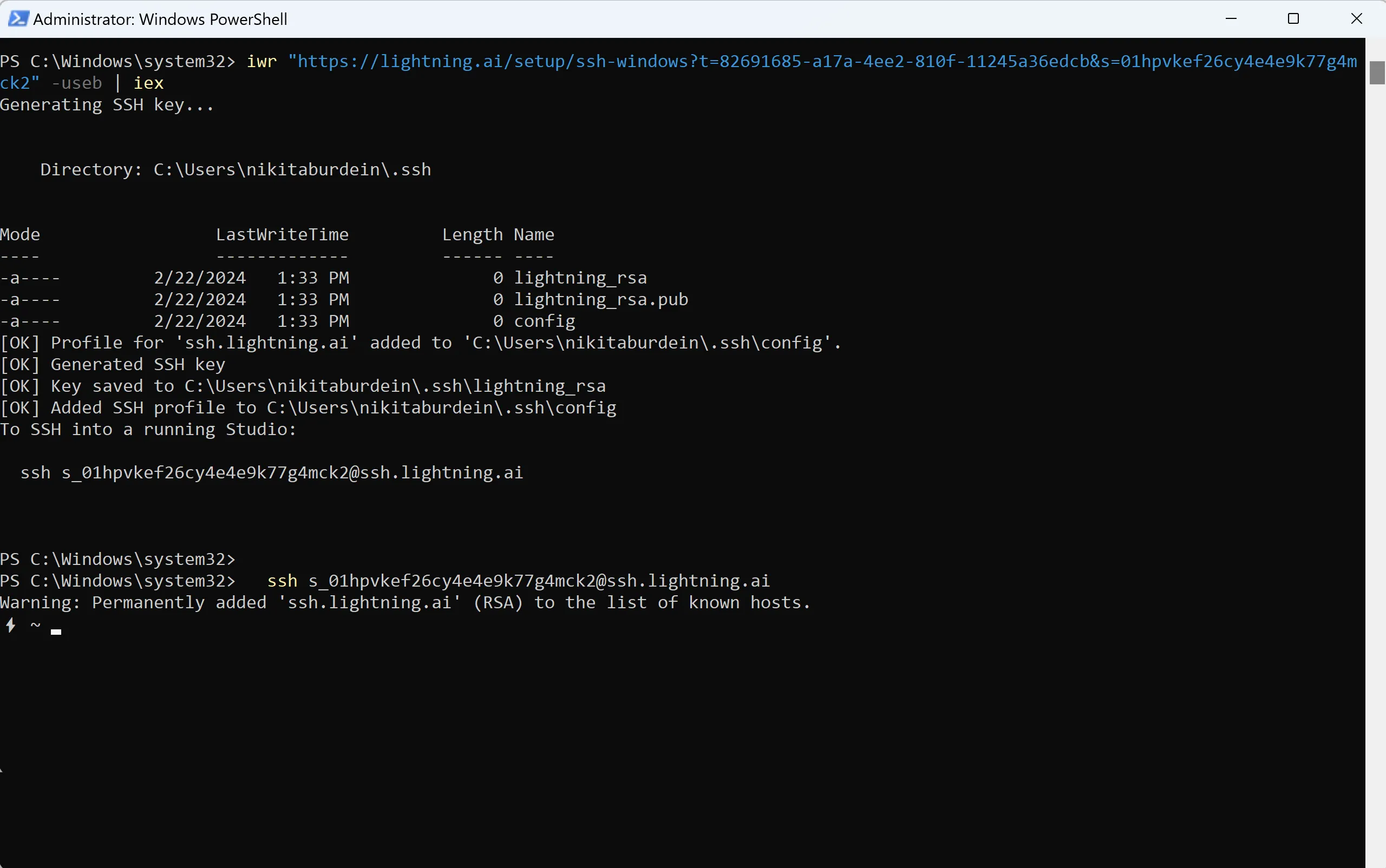 Successful connection to the Lightning Studio on a Windows machine