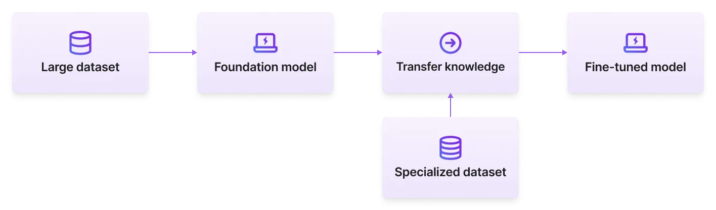 Finetuning transfers knowledge to a different task or dataset.