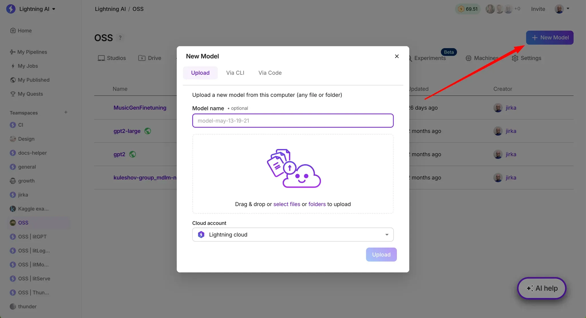 Upload the model in the browser.